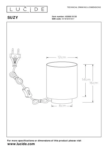 Lucide SUZY - Lampe de table - Ø 12 cm - 1xE14 - Noir - technique